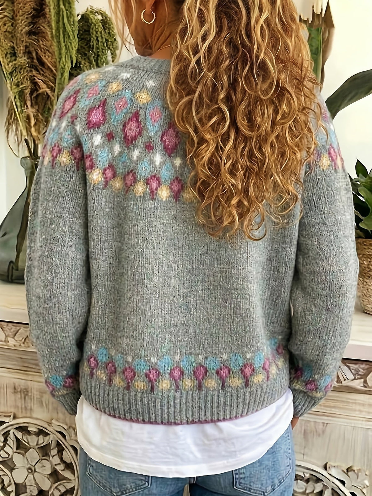 Button Front Cardigan with Nordic Geometric Pattern and V Neckline