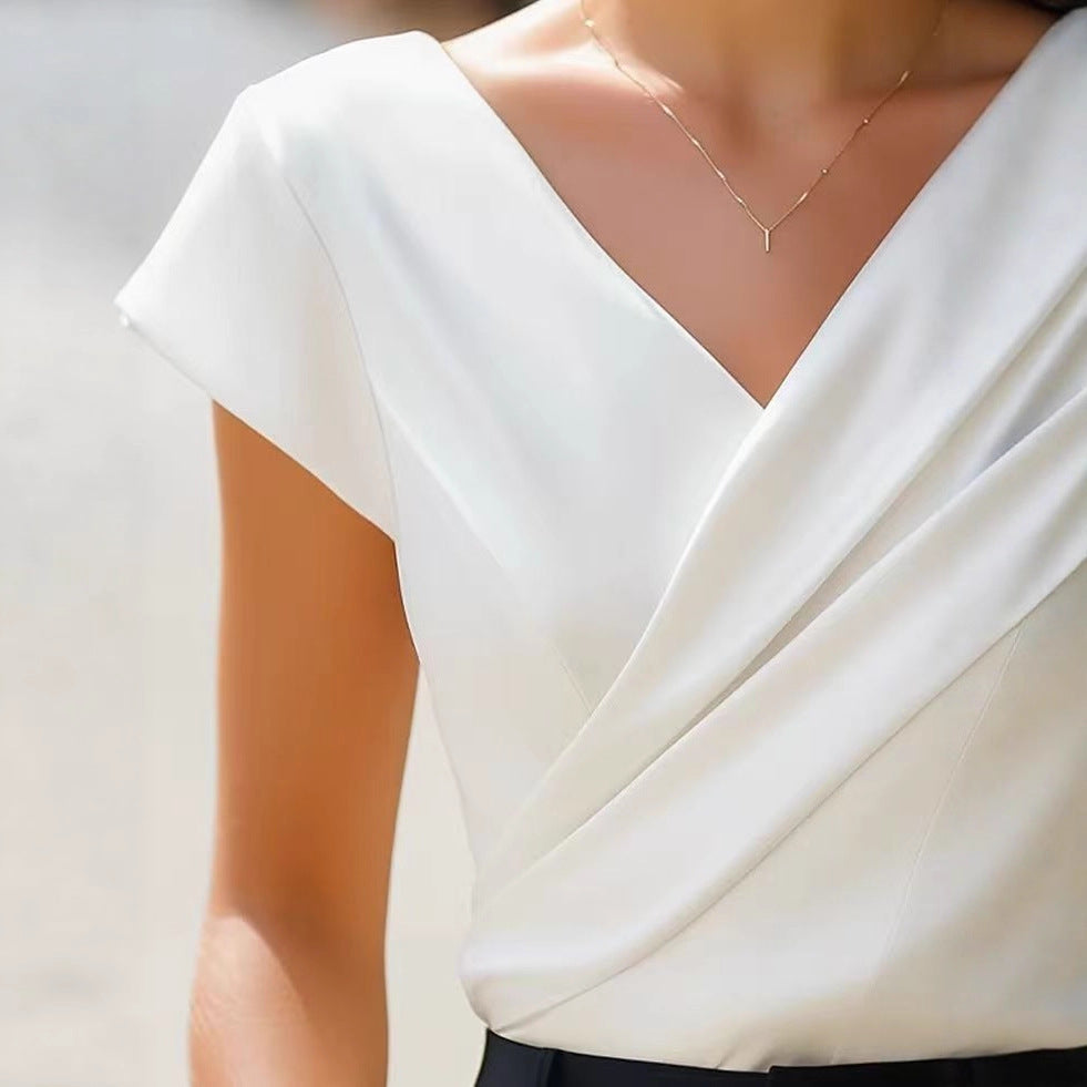 Women's V-Neck Cap Sleeve Crossover Draped Wrap Blouse