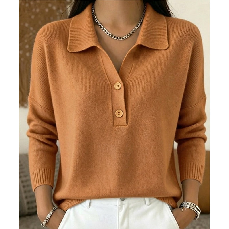 Collared Pullover Top with Button Neckline Detail and Long Sleeves