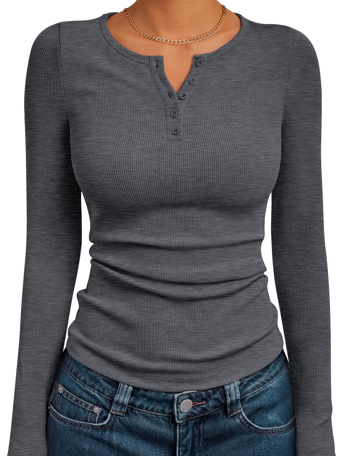 Long Sleeve Henley Top with Button Neckline and Ribbed Texture