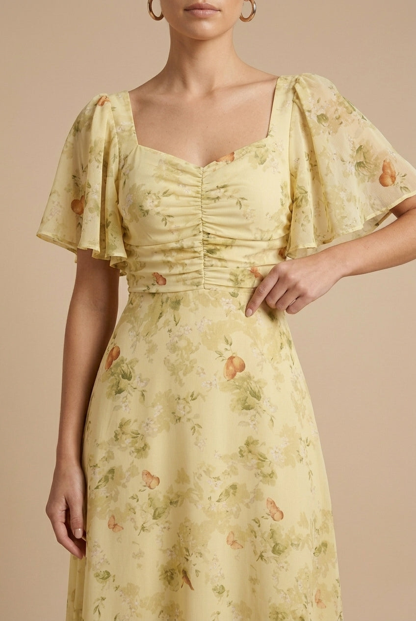 Women's Floral Maxi Dress with Square Neck - Flutter Sleeves and Ruched Bodice