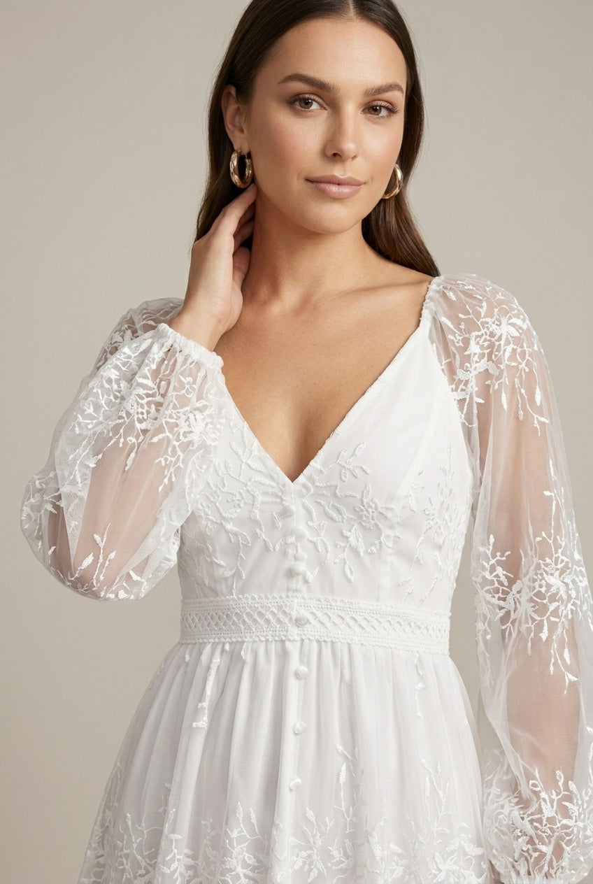 Women's V-Neck Lace-Up Nail Bead Embroidered Maxi Dress
