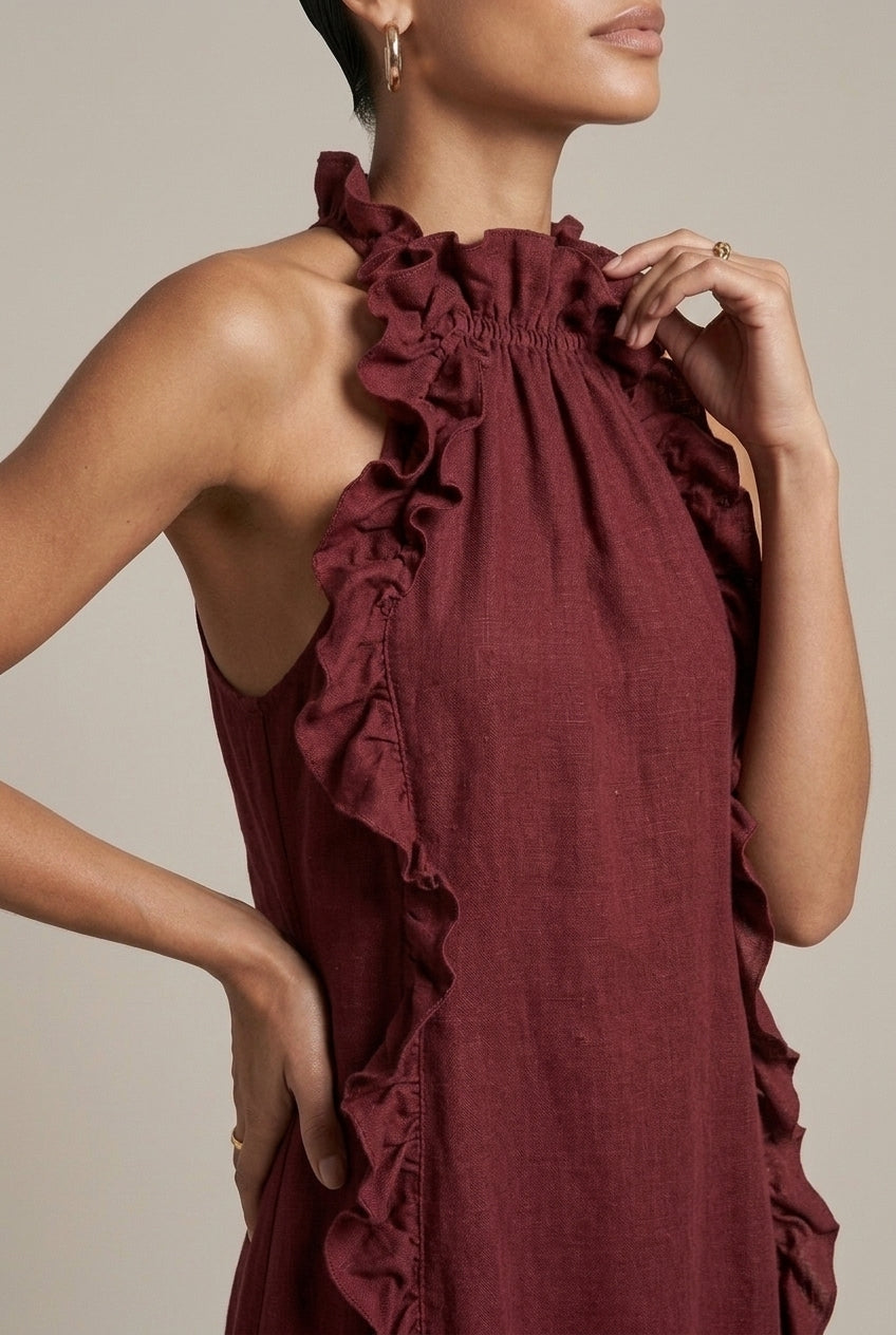 Women's Linen Blend Halter Neck Maxi Dress