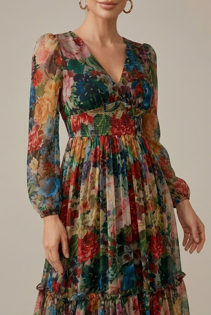 Women's Floral Long Sleeve V-Neck Tiered Ruffle Maxi Dress
