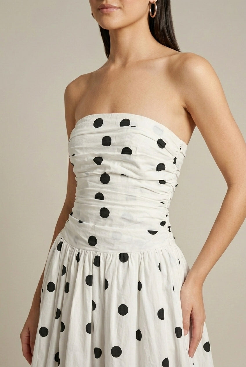 Women's Polka Dot Strapless Ruched Bubble Hem Midi Dress