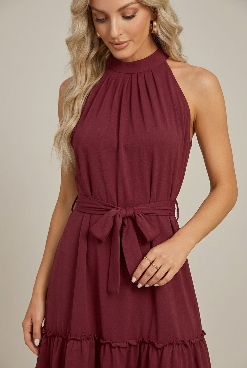 Women's Halter Neck Tiered Mini Dress with Tie Waist and Ruffle Hem