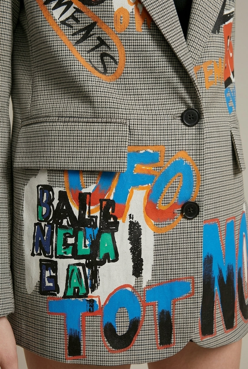 Women's Houndstooth Graffiti Print Oversized Single Button Blazer