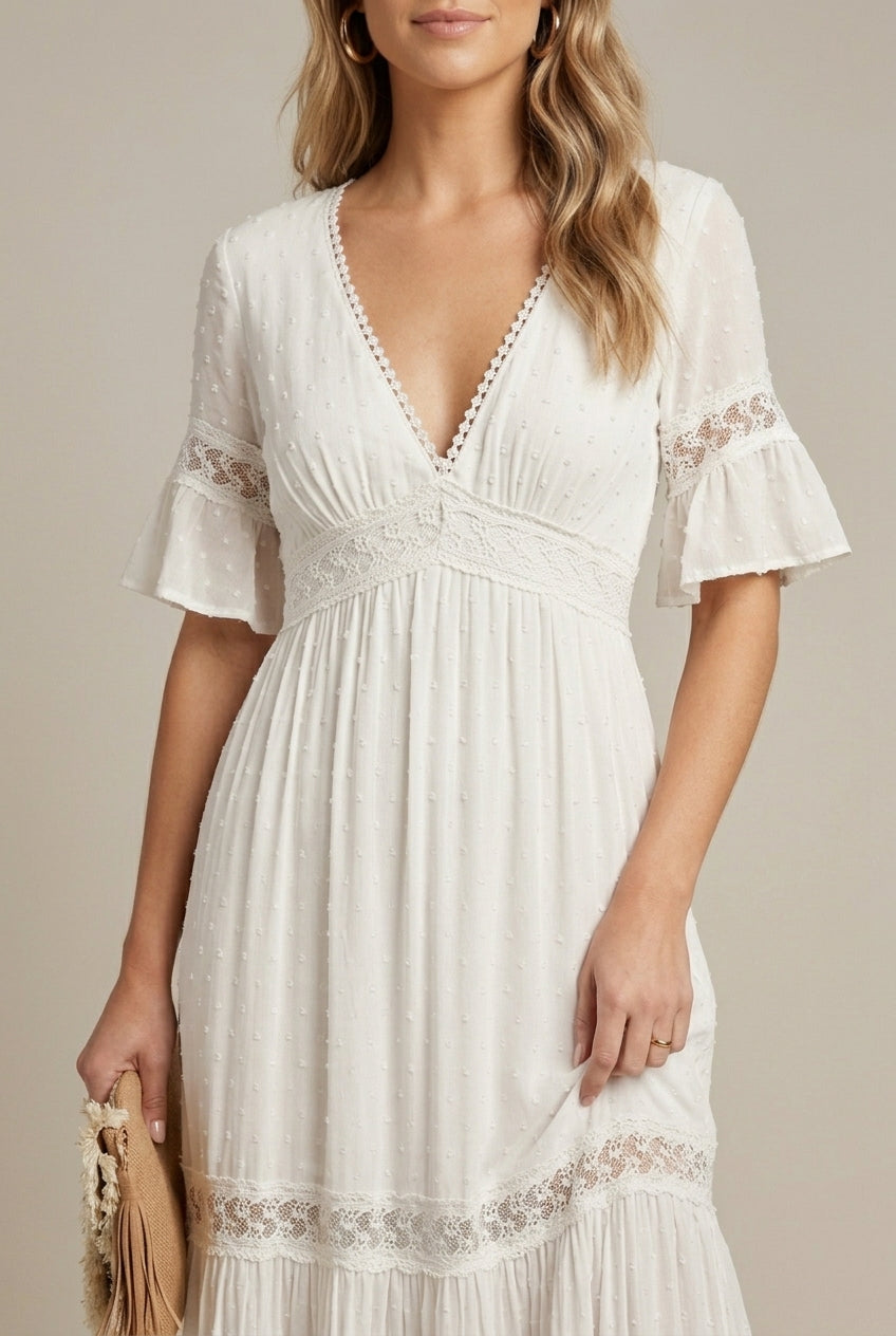 Women's White Boho V-Neck Maxi Dress - Lace Trim Flutter Sleeves
