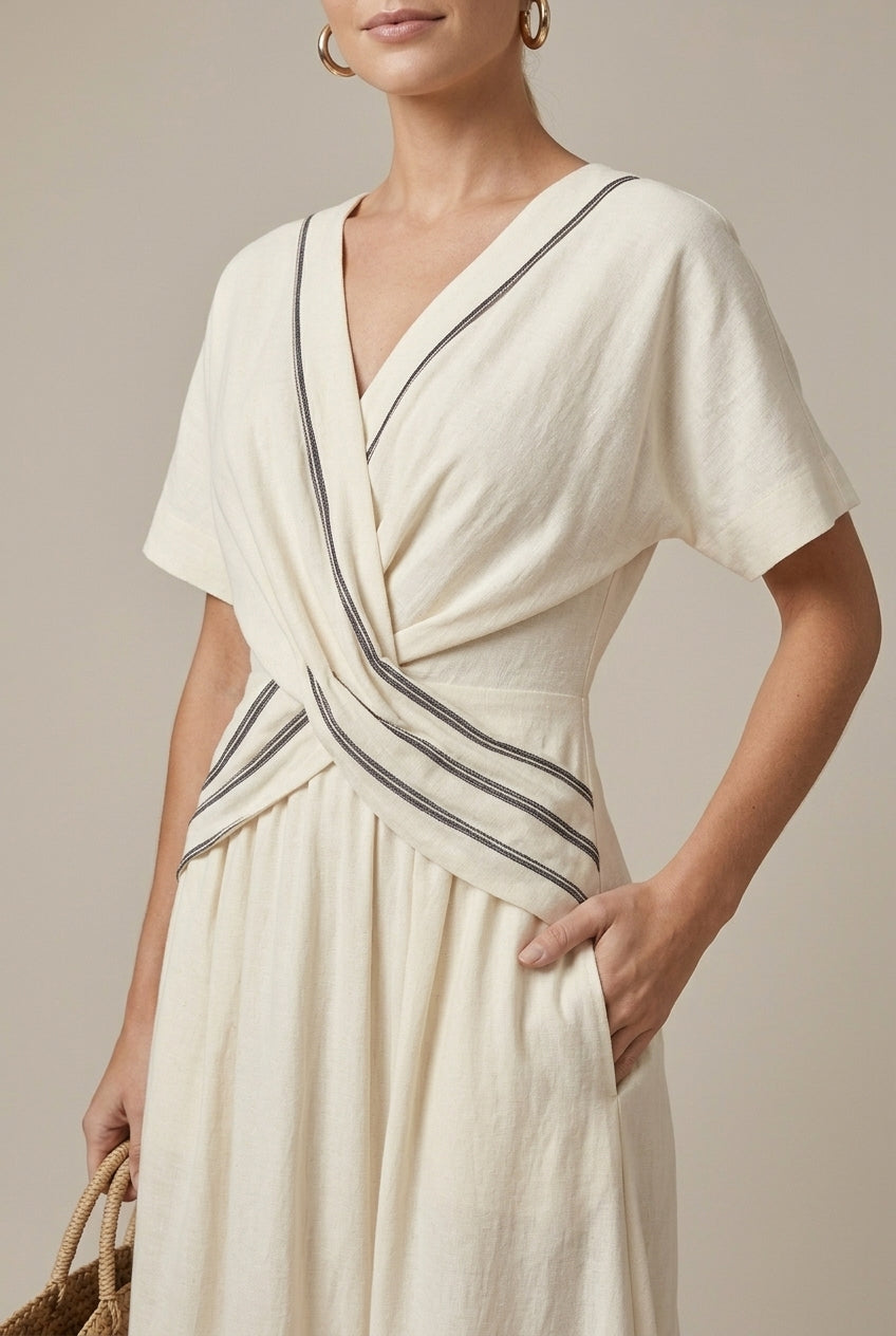Women's Striped Maxi Dress Wrap Short Sleeve V-Neck