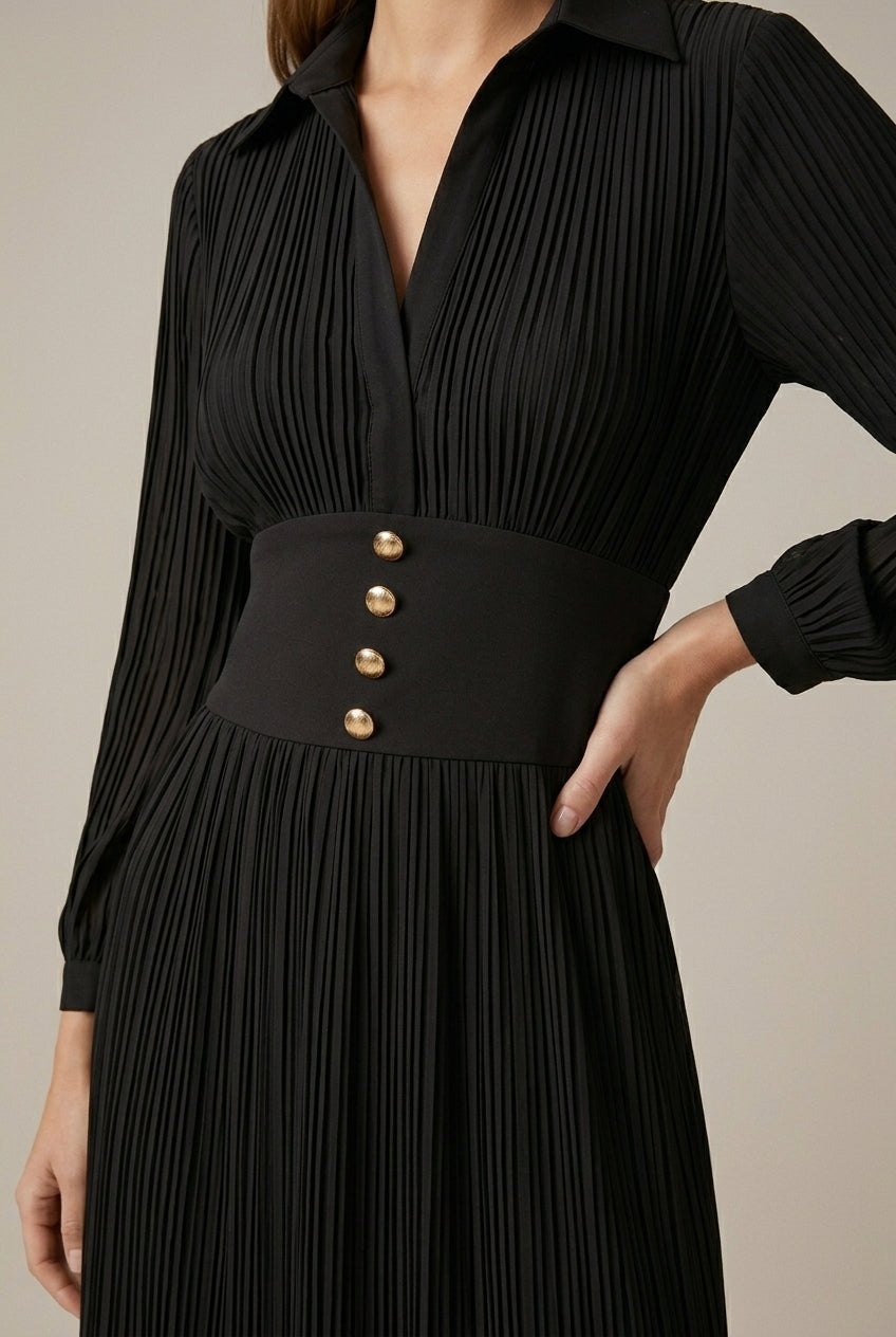 Women's Pleated V-Neck 3/4 Sleeve Maxi Dress with Button Detail