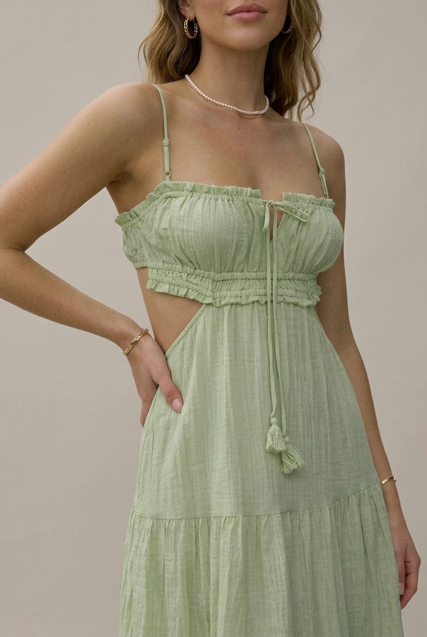 Women's Spaghetti Strap Cutout Tiered Maxi Dress - Tassel Tie