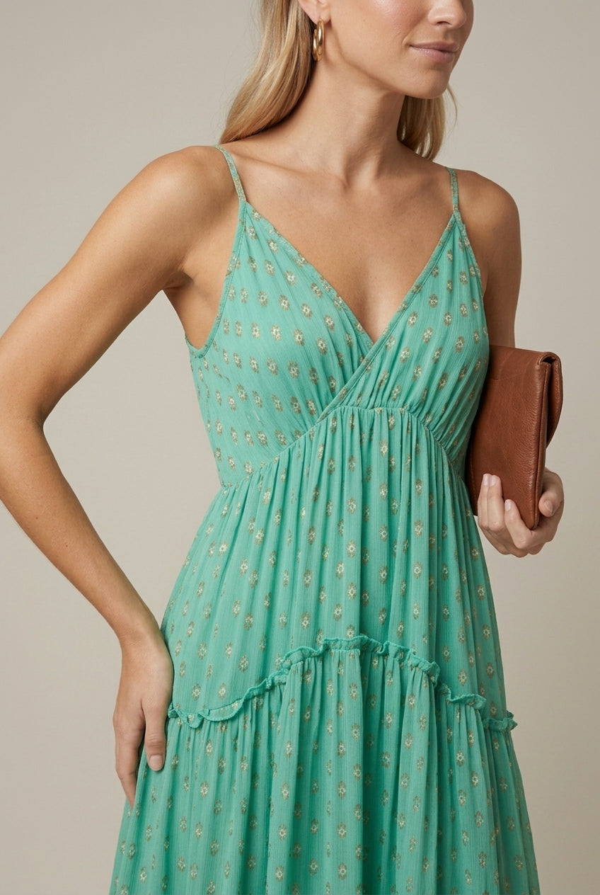 Women's Polka Dot Maxi Dress Tiered V-Neck