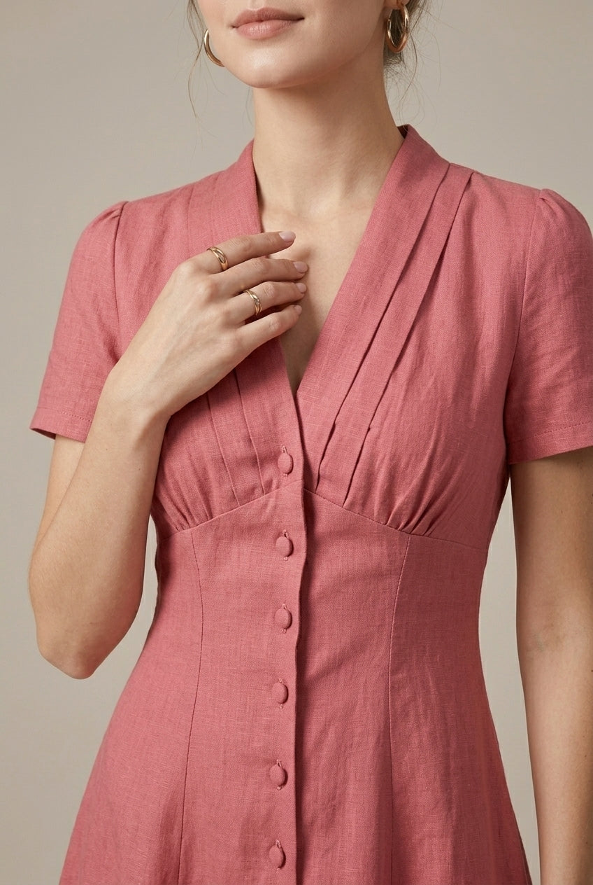 Women's Linen Midi Dress Button Front Short Sleeve