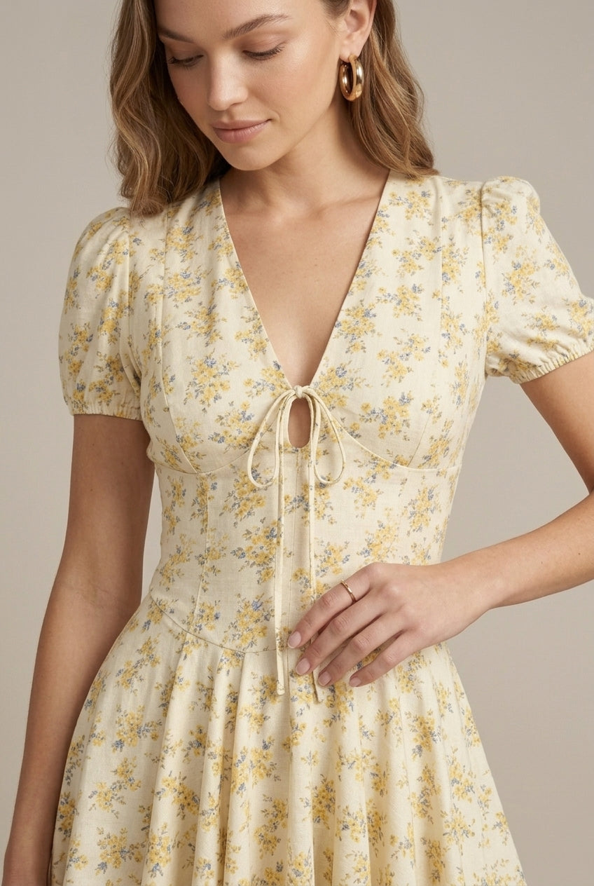 Women's Yellow Floral Mini Dress V-Neck