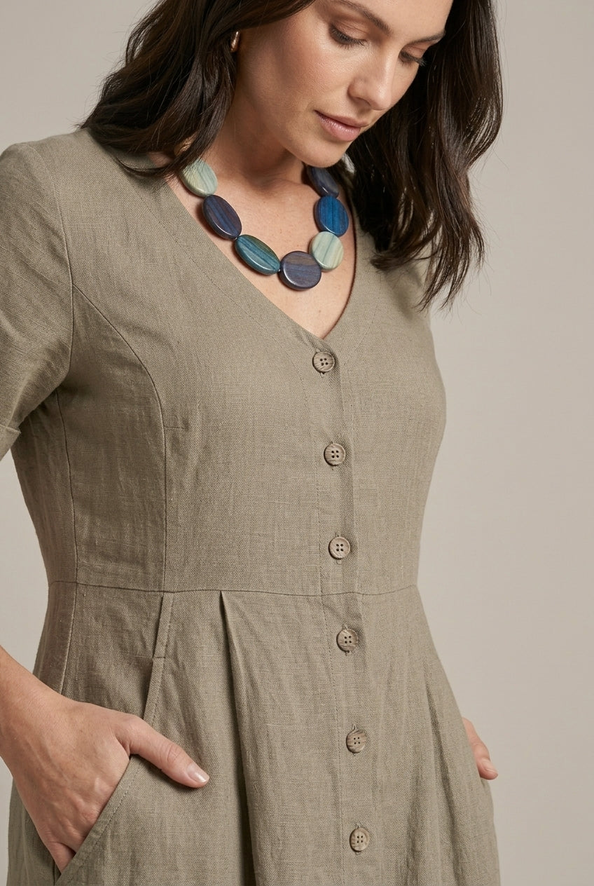 Women's V-Neck Short Sleeve Midi Dress with Button Front