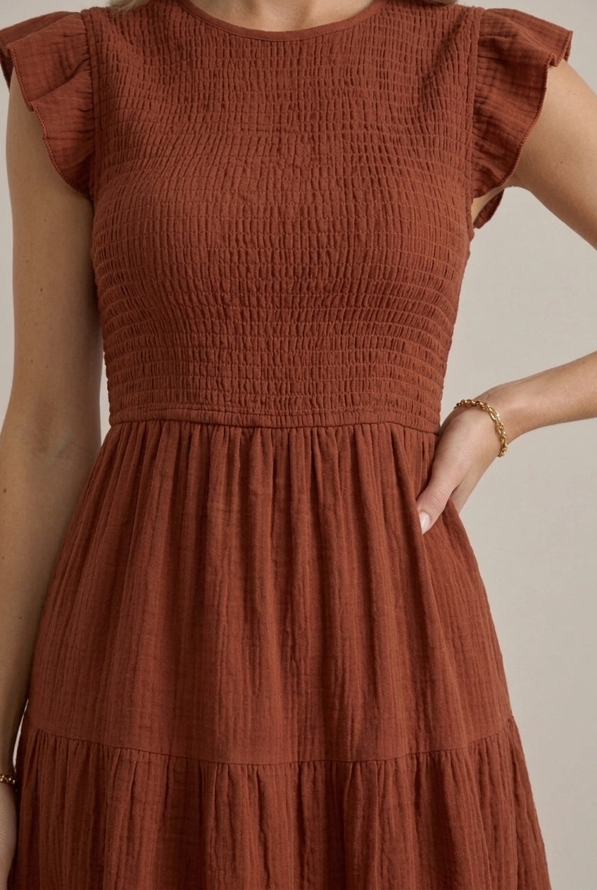 Women's Midi Dress Tiered Smocked Bodice Ruffle Cap Sleeve