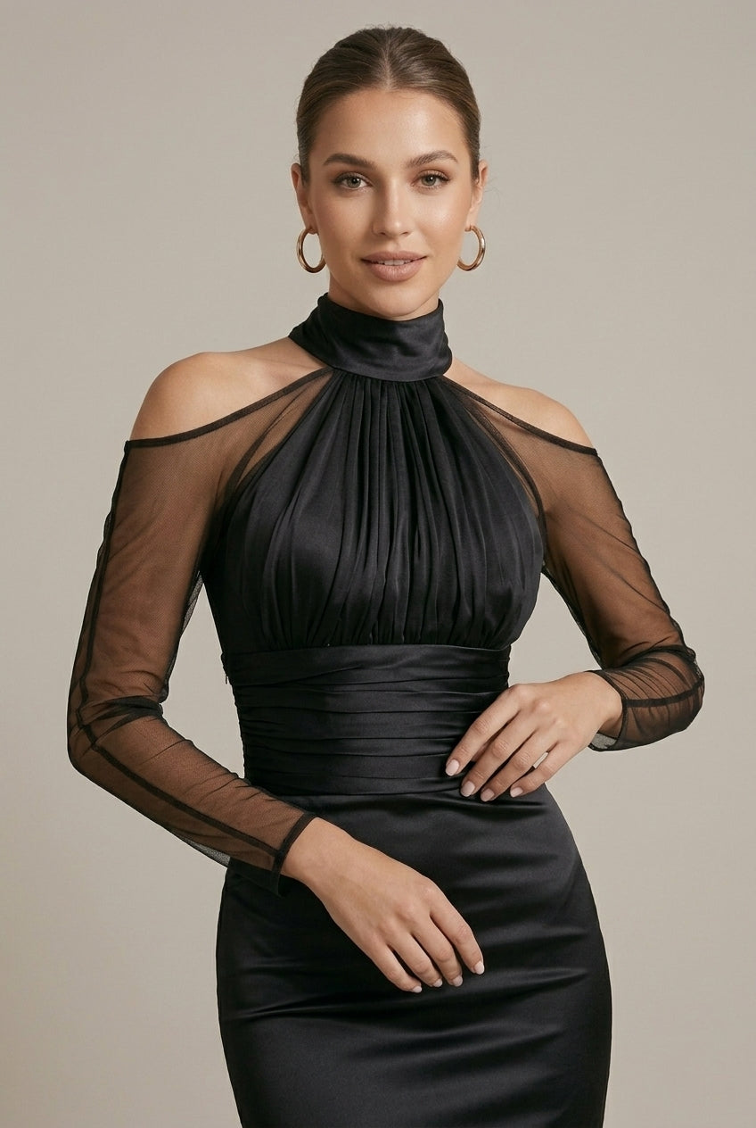 Vestido maxi formal para mujer - Cuello alto, hombros descubiertos, malla transparente, manga larga fruncida, silueta sirena
