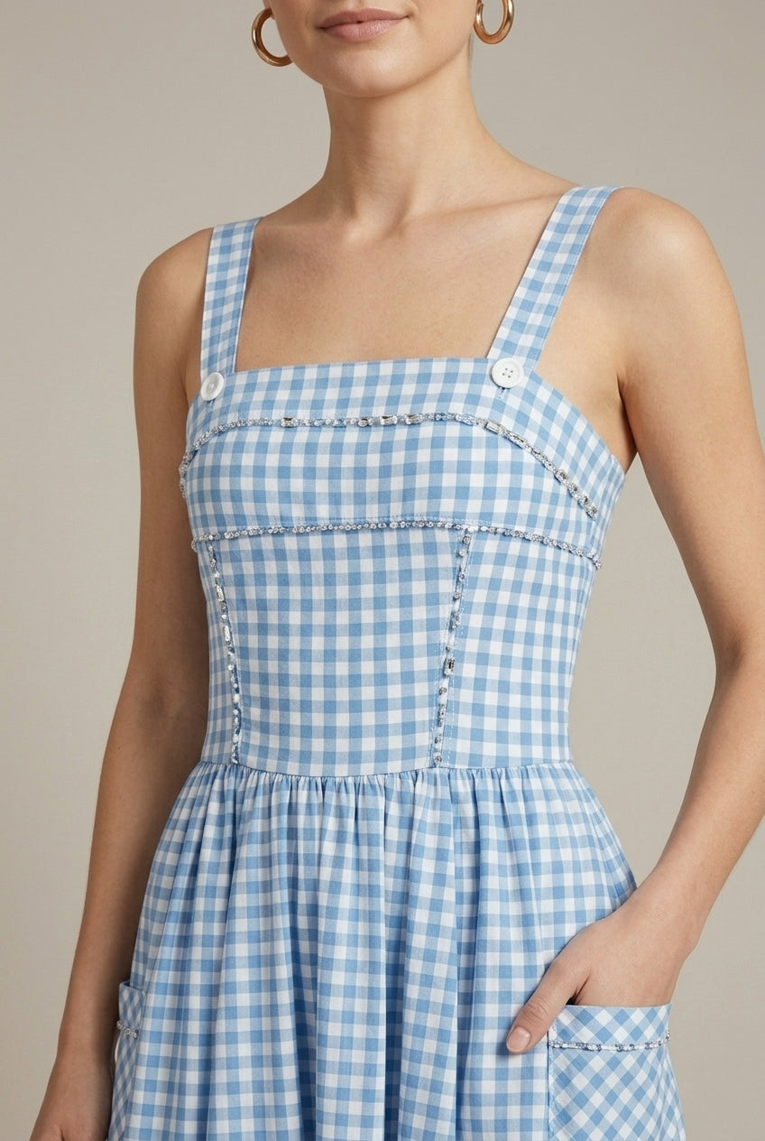 Women's Plaid Gingham Square Neck Button Front Midi Dress