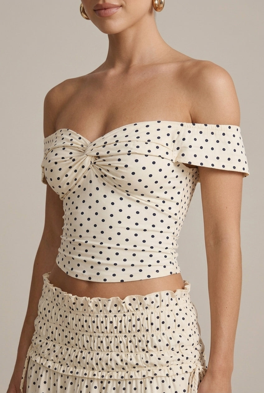 Women's Polka Two- Piece Set Dot Off the Shoulder Crop Top and Maxi Skirt