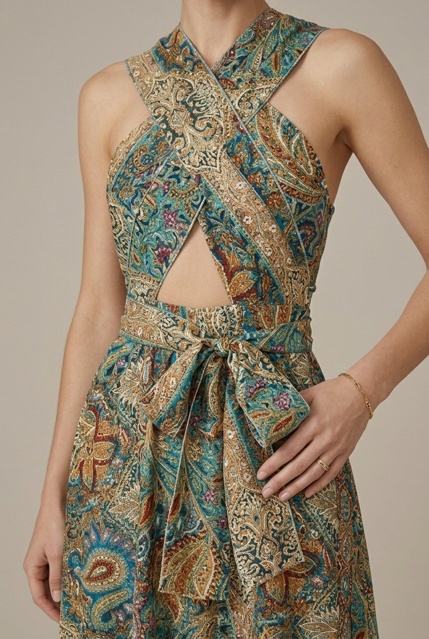 Women's Printed Halter Neck Sleeveless High Slit Maxi Dress