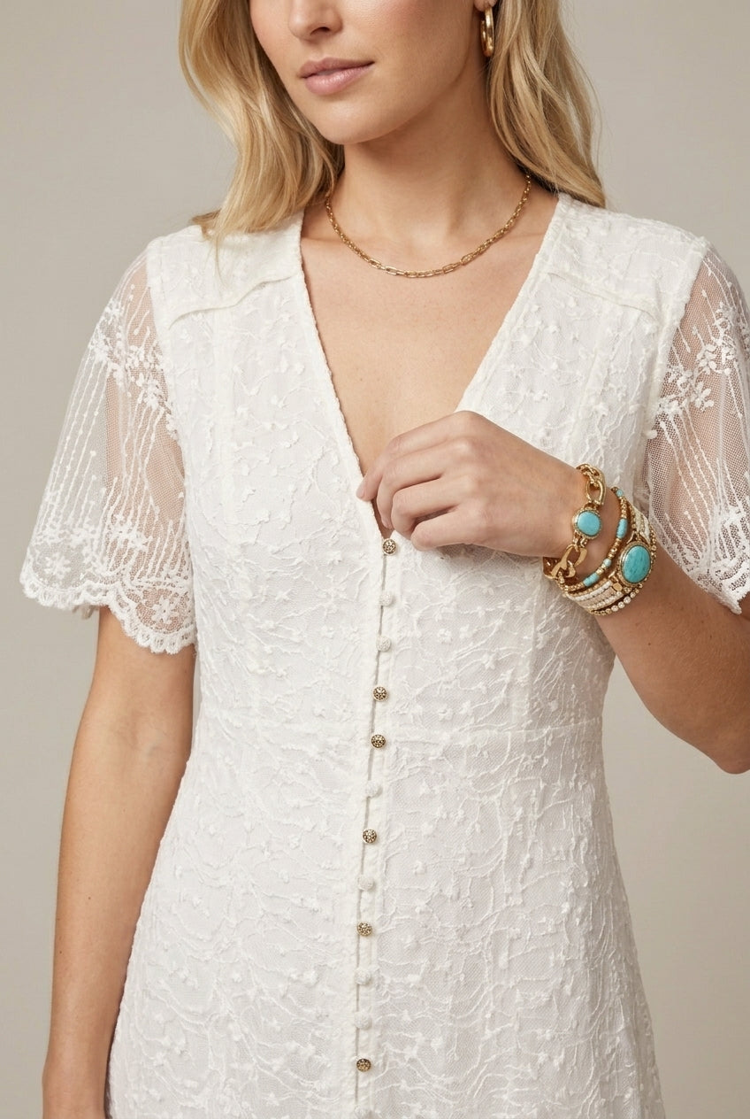 Women's V-Neck Short Sleeve Lace Maxi Dress - Button Front Ruffle Hem