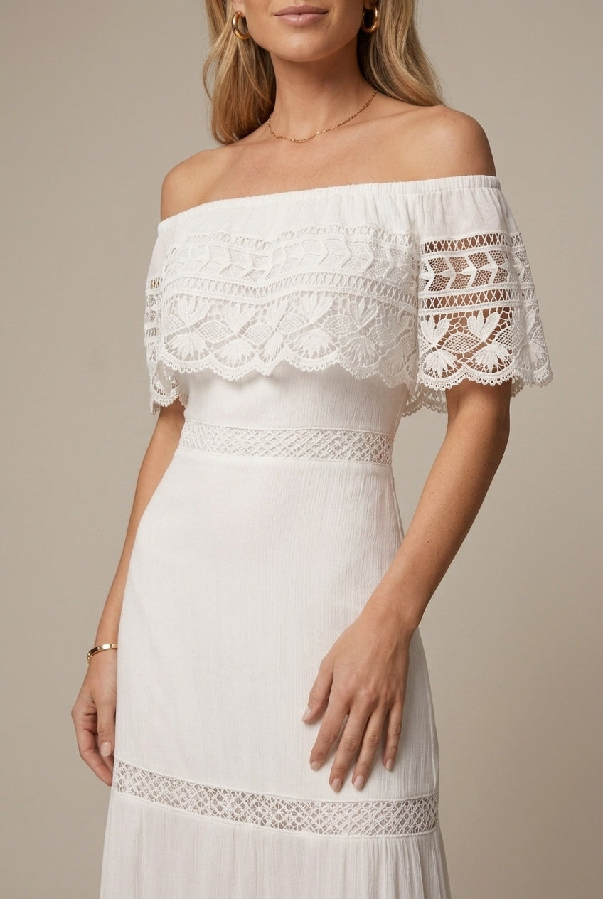 Women's Off The Shoulder Wedding Lace Dress - Cutout Detail - Solid
