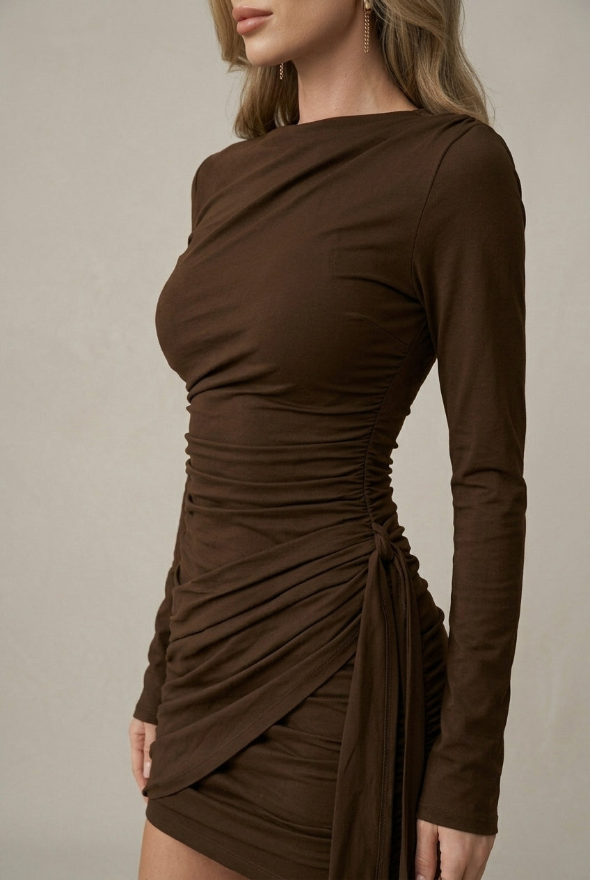 Women's Long Sleeve Ruched Wrap Side Tie Mini Dress