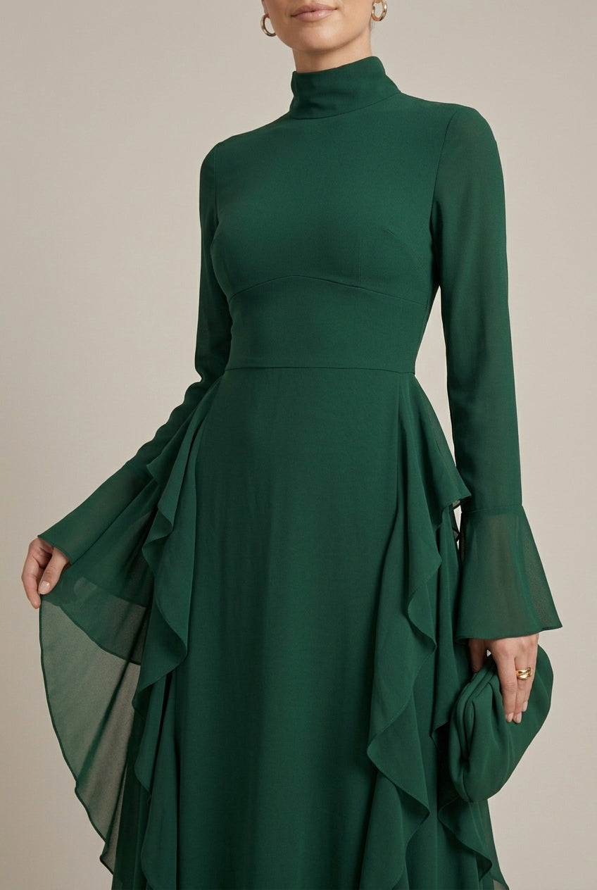 Women's High Neck Long Sleeve Ruffle Smock Maxi Dress