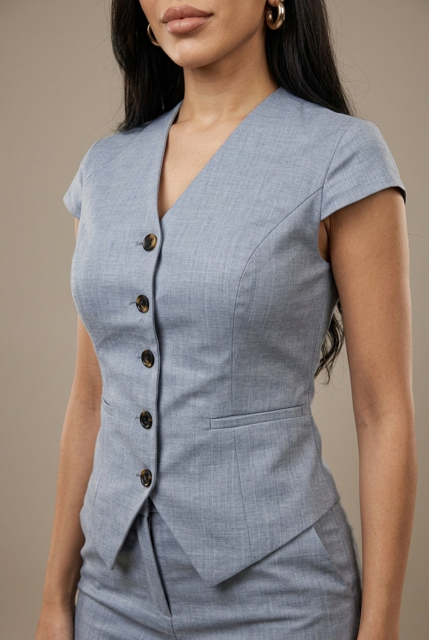 Women's Button-Front Short Sleeve Blazer Wide Leg Pant Set