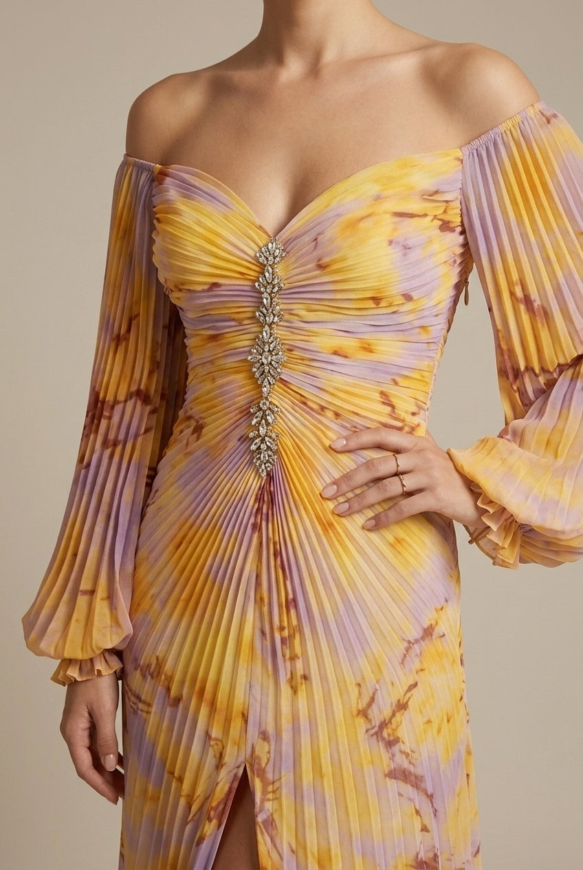 Women's Tie-Dye V-Neck Puff Sleeve Lace-Up Front Maxi Dress
