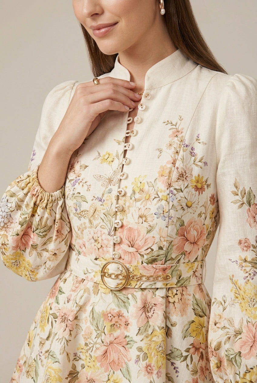 Women's Floral Print Long Puff Sleeve Smocked Mini Dress
