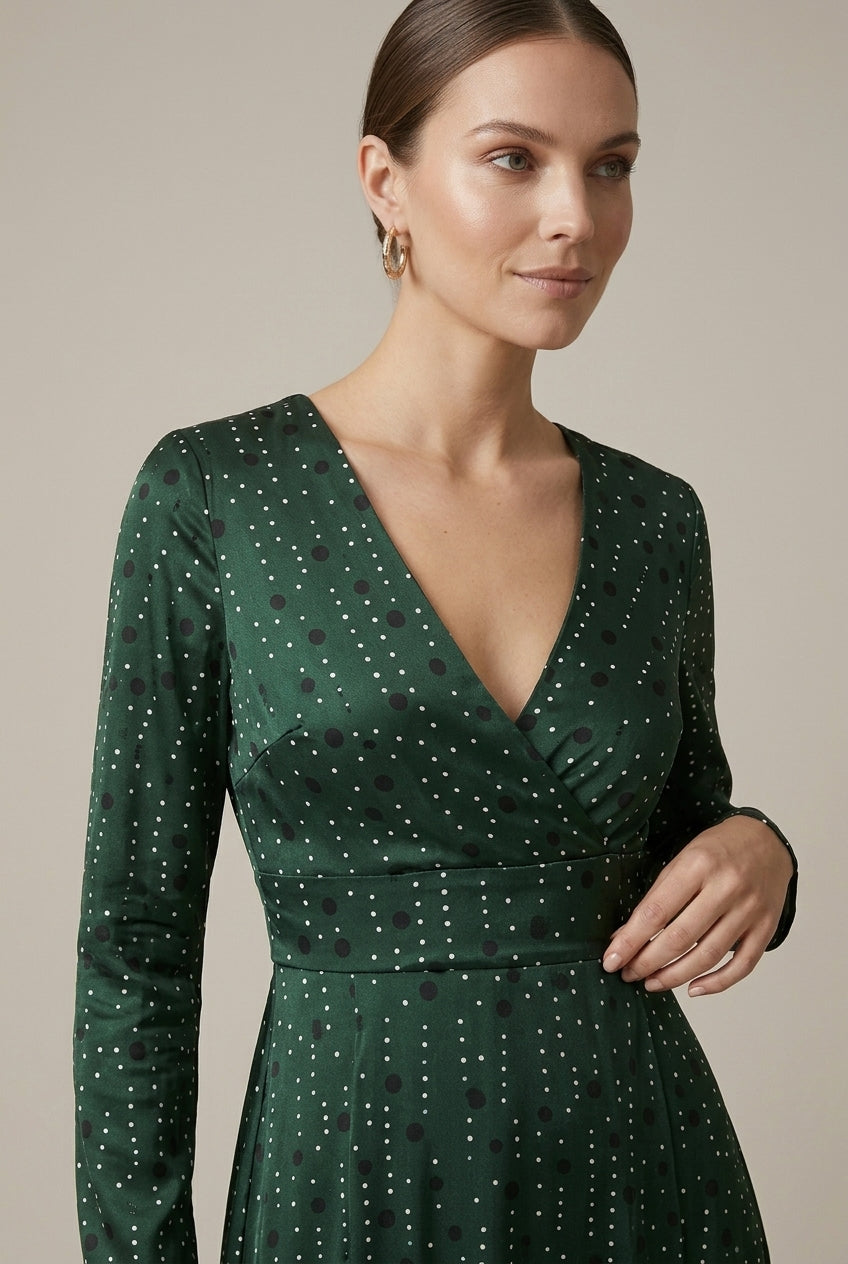 Women's Polka Dot Maxi Dress V-Neck Long Sleeve
