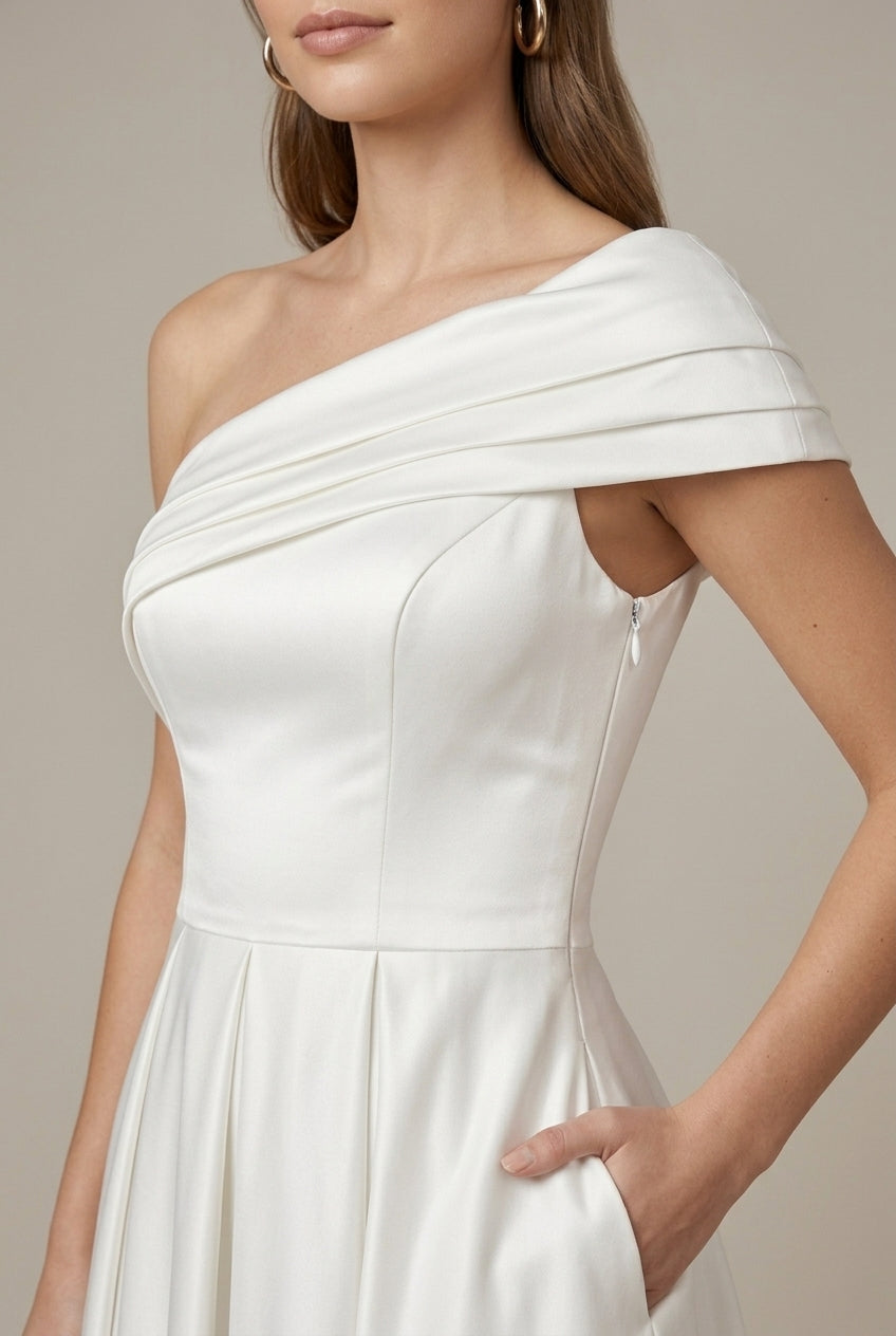 Women's Satin Maxi Dress - Assymetrical Ruched Neckline - Pleated A-Line Skirt - Thigh Slit