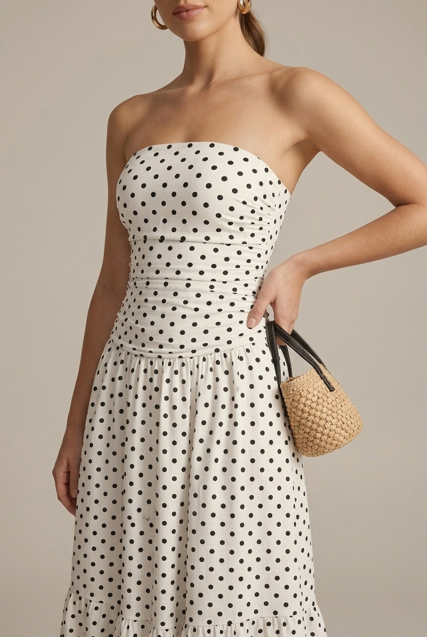 Women's Strapless Polka Dot Ruched Flowy Maxi Dress