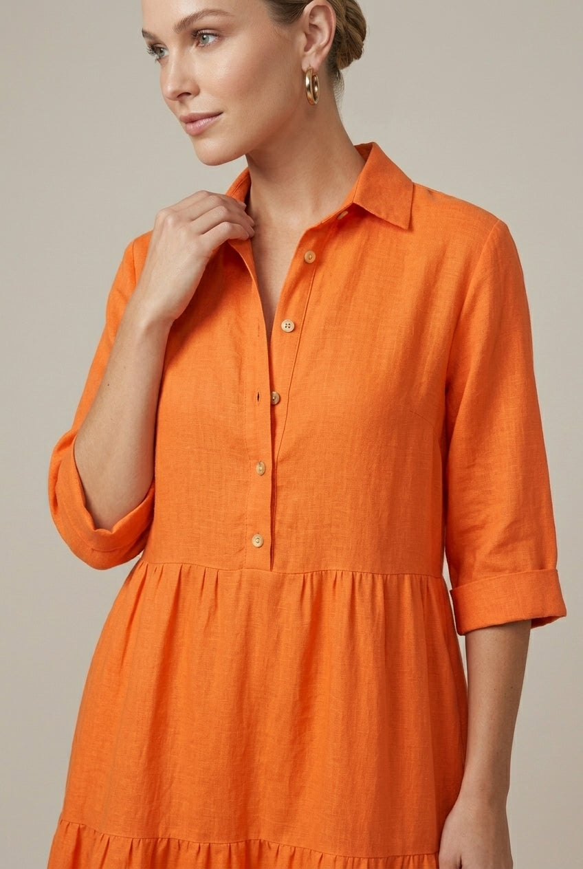 Women's Tiered Maxi Dress with Button-Up Collar and Half Sleeves