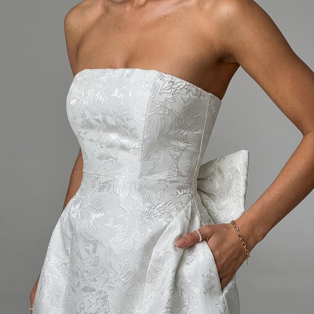 Women's Strapless Jacquard Mini Dress - Lace-Up Back with Bow