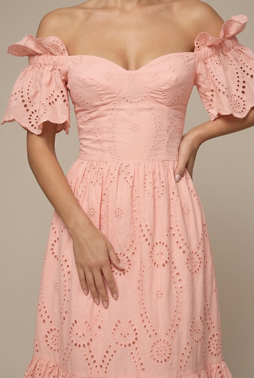 Women's Eyelet Off Shoulder Midi Dress - Ruffle Sleeve - Wedding Guest