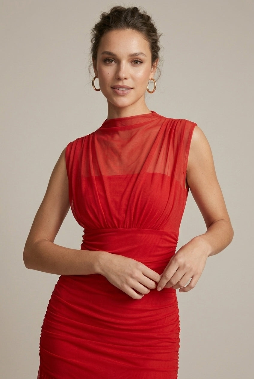 Women's Sleeveless Ruched Drop Waist Maxi Dress - Crew Neck