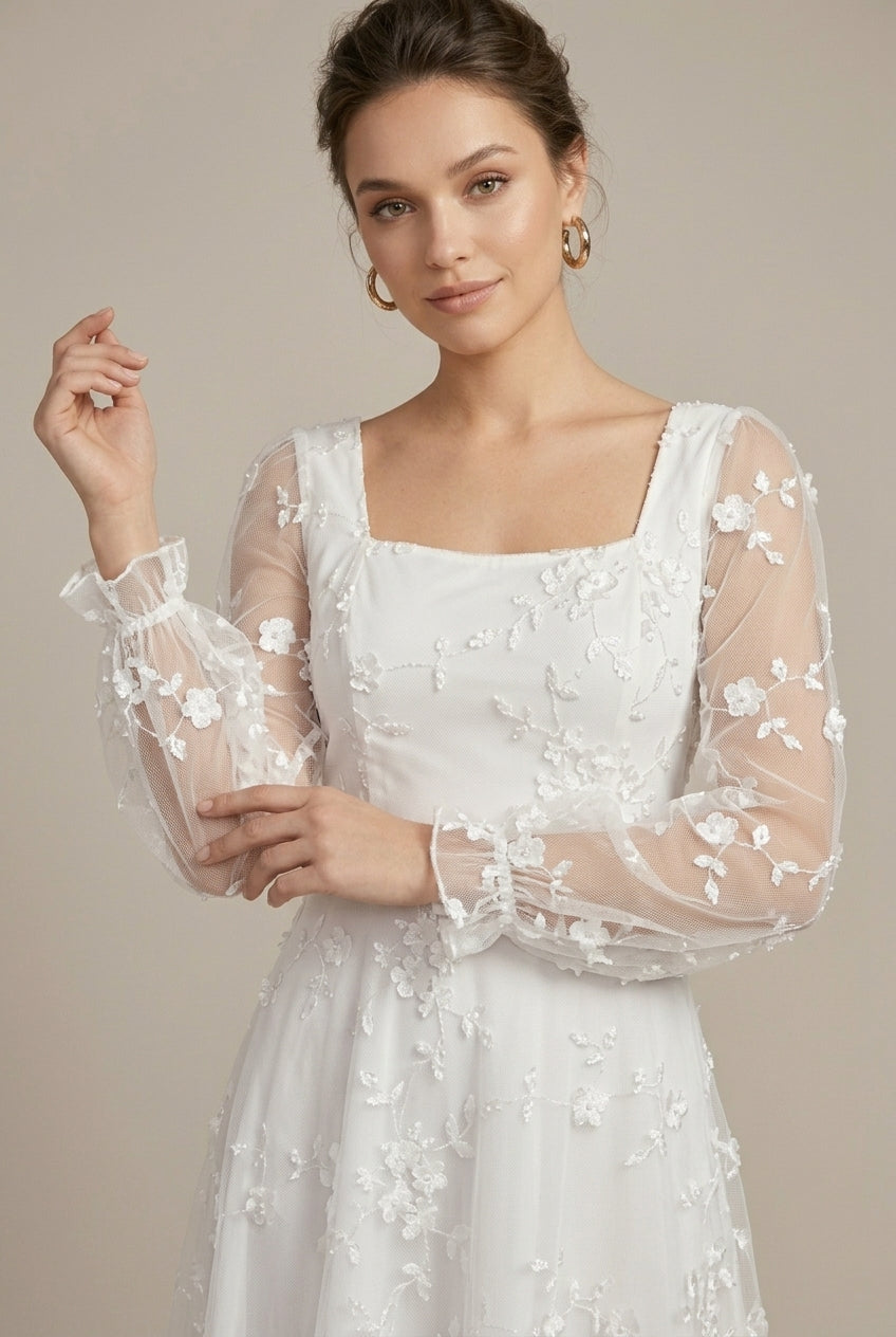 Women's Jacquard Sheer Mesh Square Neck Long Sleeve Maxi Dress