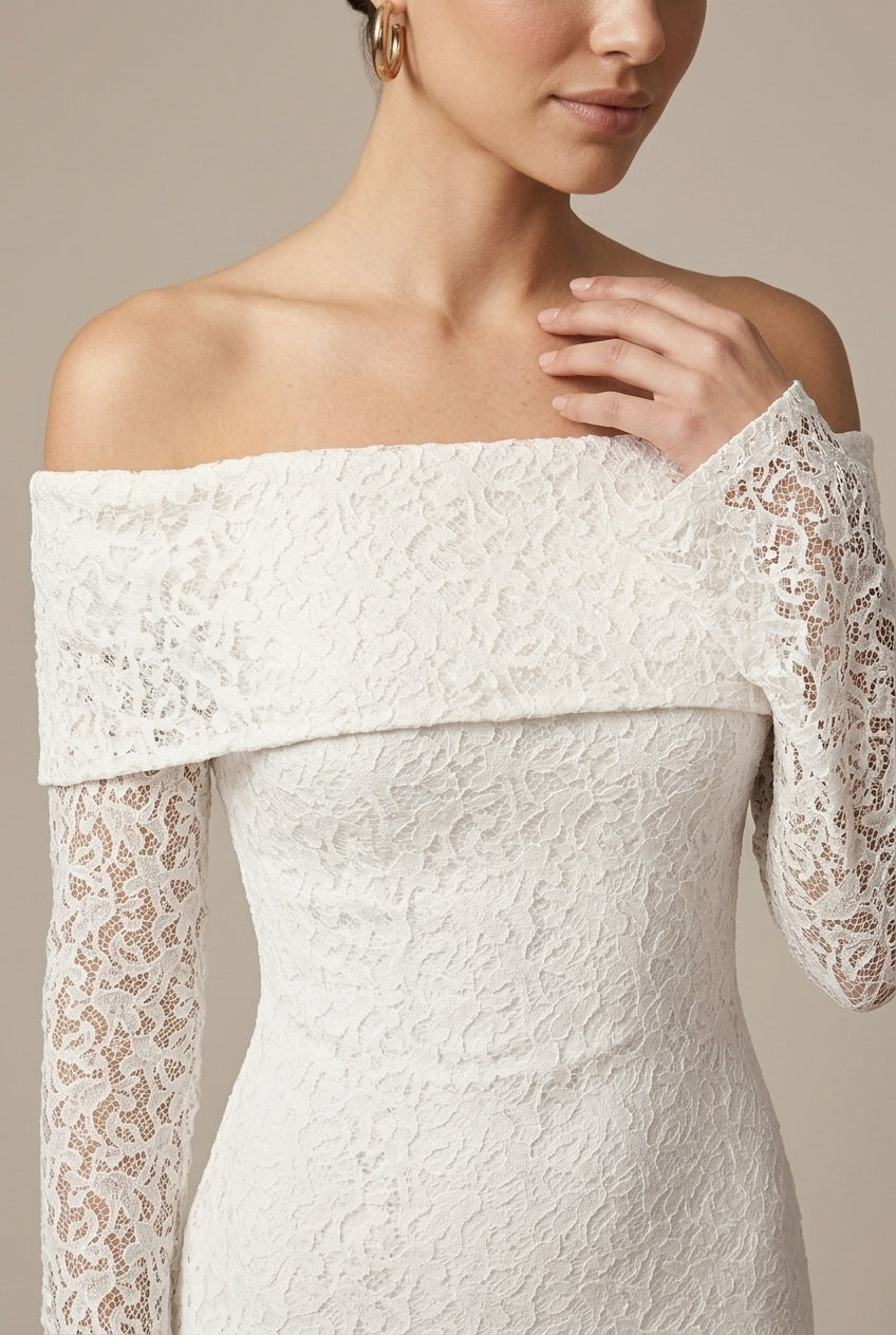 Women's Wedding Guest Lace Maxi Dress - Off Shoulder - Bell Sleeve