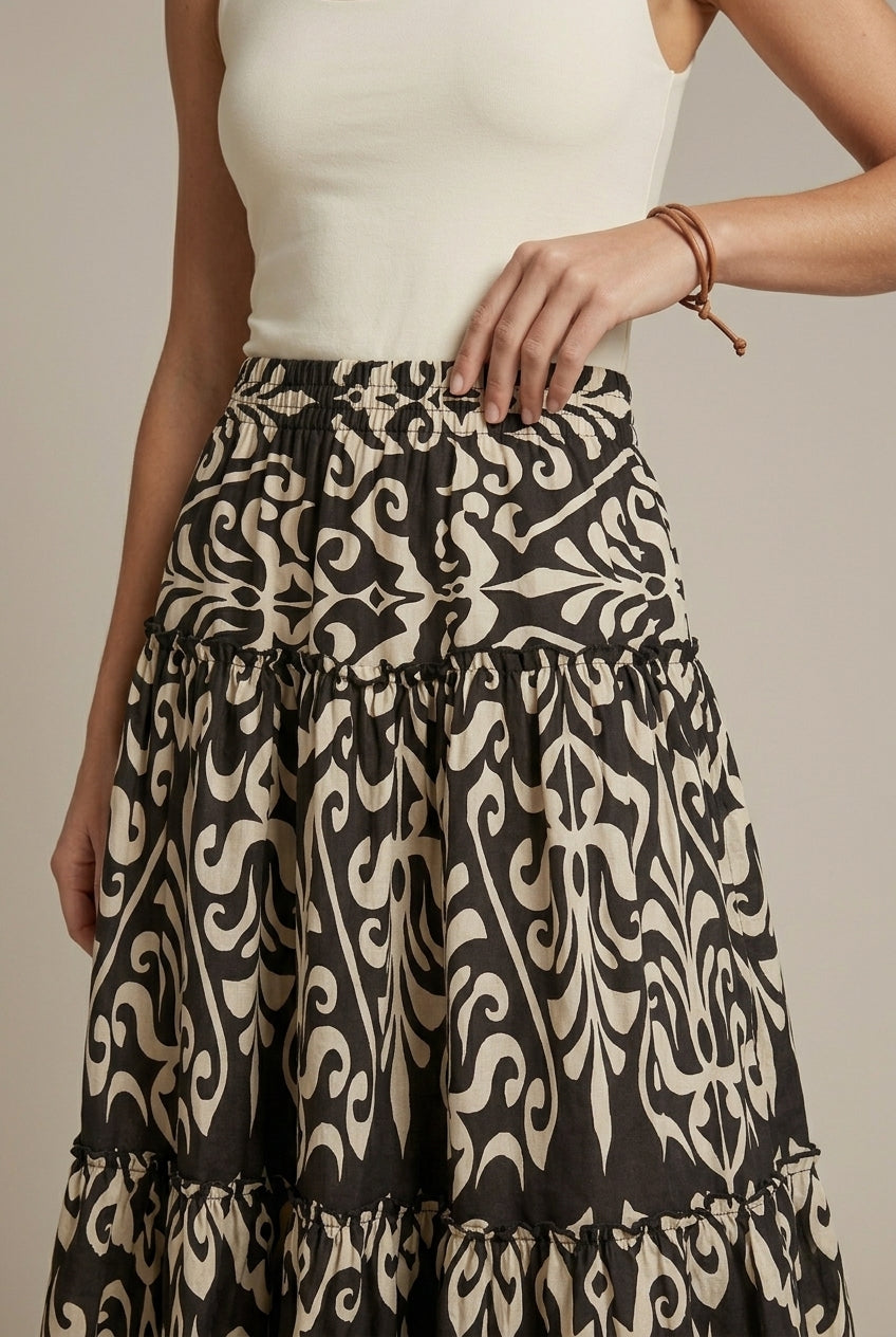 Women's Printed Tiered Maxi Skirt with Elasticated Waist
