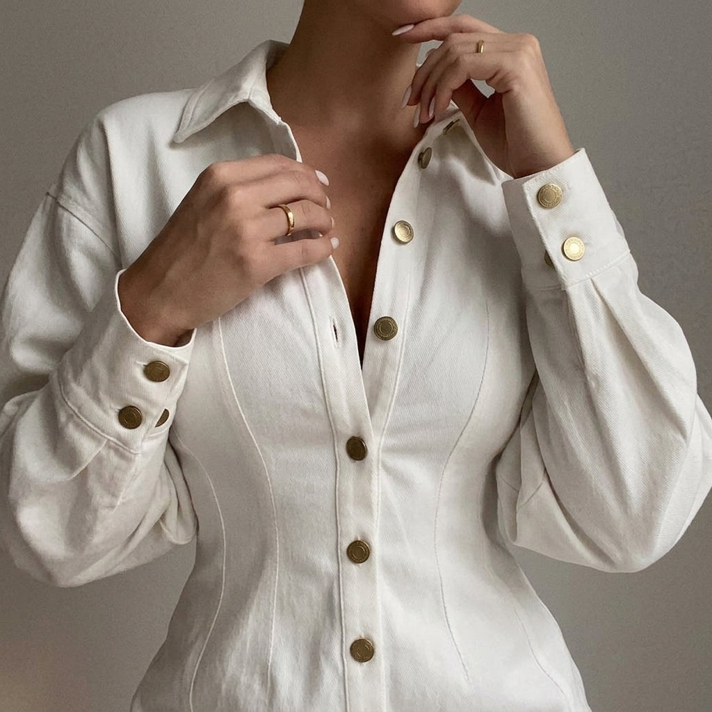 Women's Button Front Puff Sleeve Mini Dress - V Neck - Shirt Style