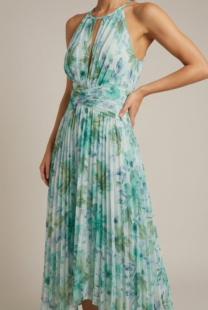 Women's Tropical Print Halter Keyhole Tie Waist Maxi Dress