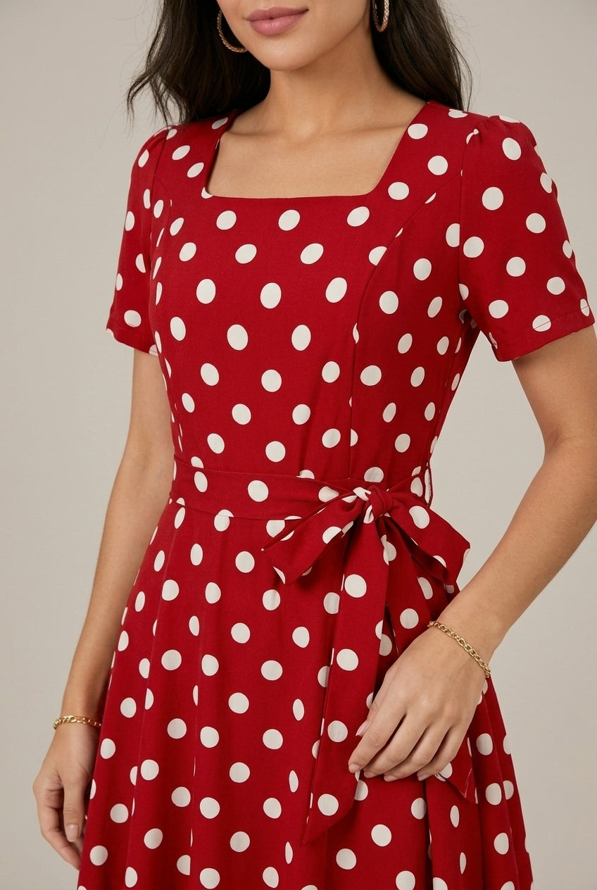 Women's Midi Dress Polka Dot Wrap Square Neck Short Sleeve