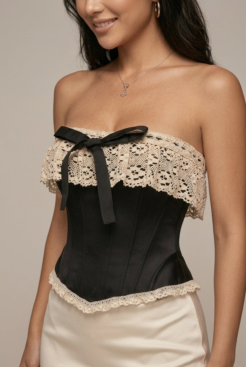 Women's Strapless Corset Top with Crochet Lace Trim and Lace-Up Back