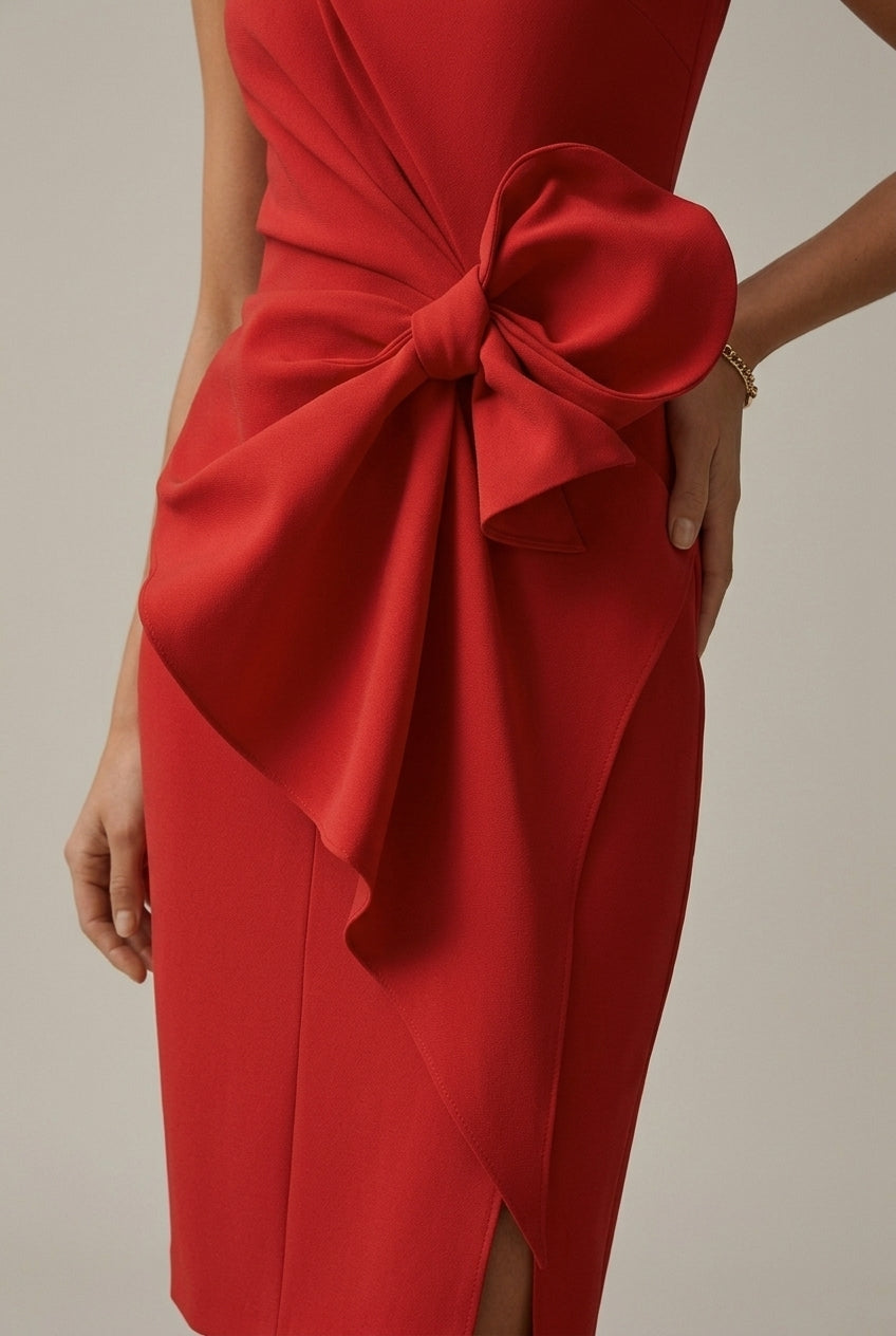 Women's Satin Bodycon Midi Dress - Bow Wrap Design