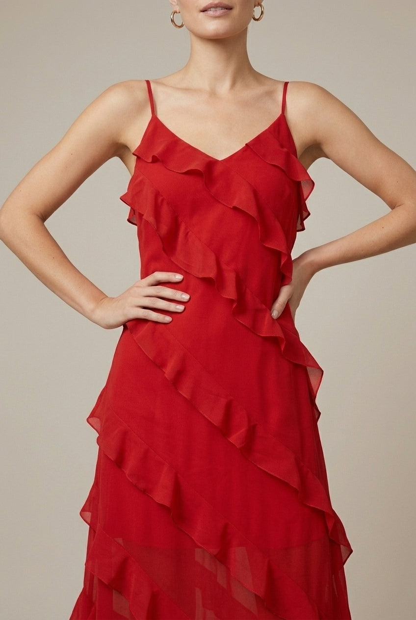 Women's Ruffle Detail Spaghetti Strap V-Neck Maxi Dress