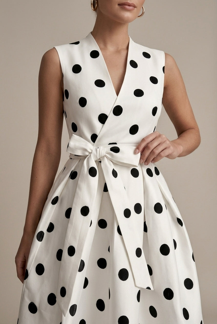 Women's Polka Dot V-Neck Sleeveless Midi Dress - Bow Waist Detail
