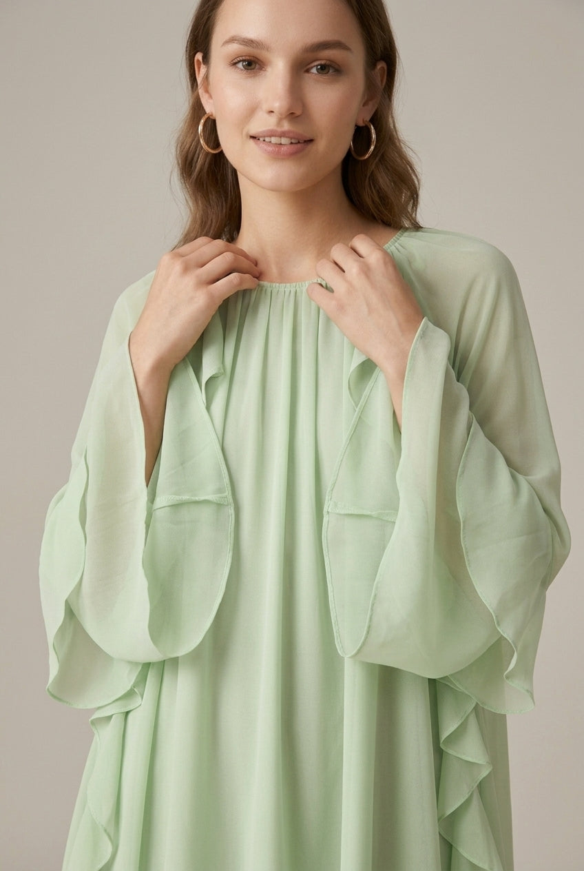 Women's Light Green Tiered Ruffle Long Sleeve Mini Dress