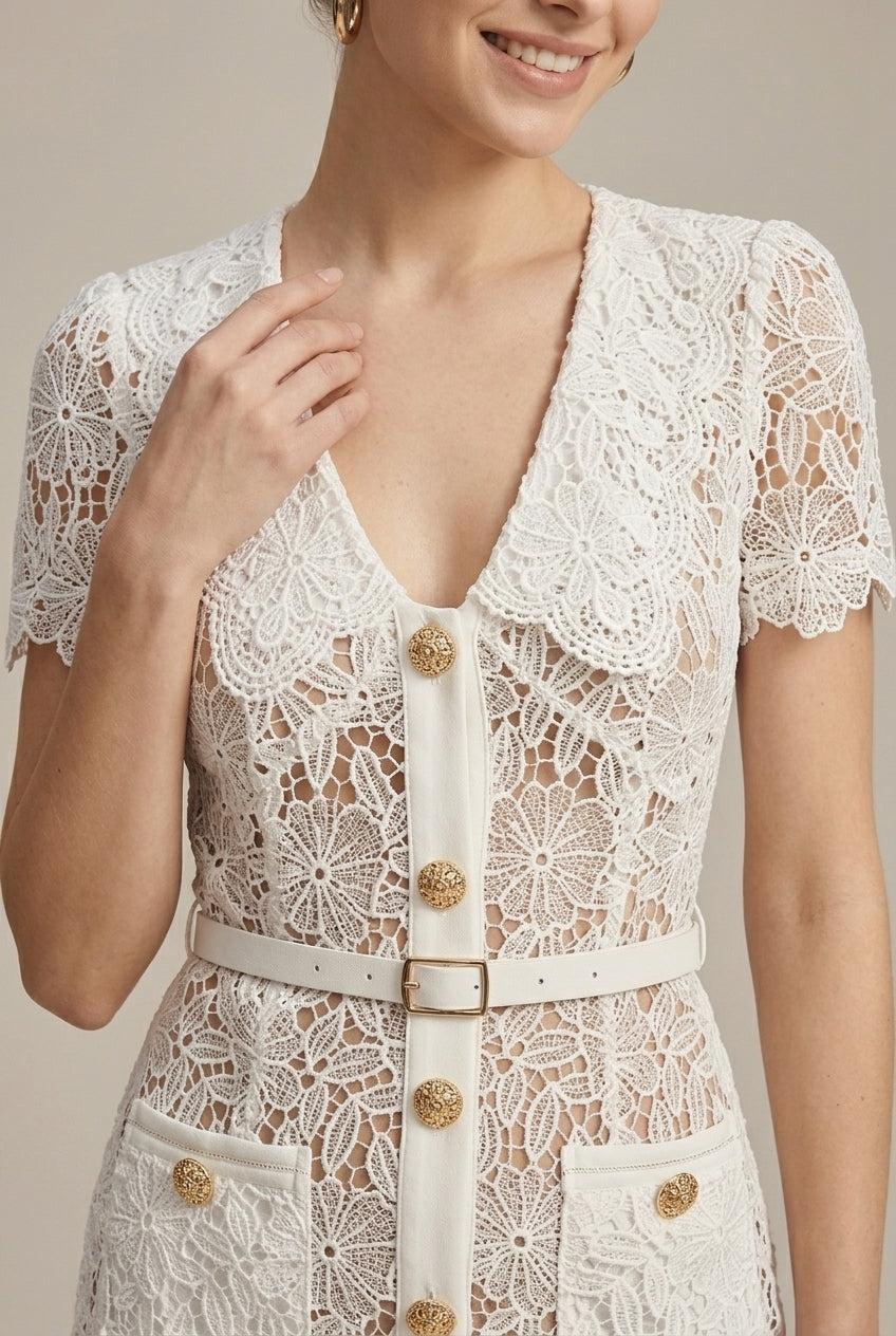 Women's Lace Midi Dress - V-Neck - Gold Button Front - Belted